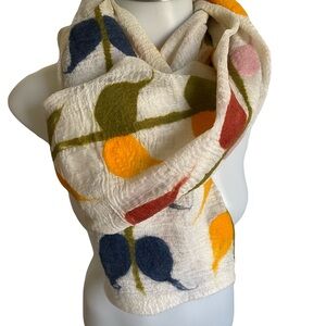 Cream Multicolor Nuno Felted Merino Wool Scarf with Abstract Leaves
